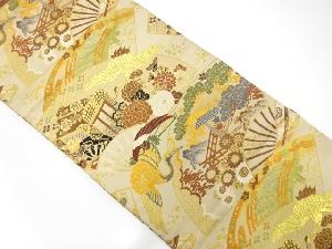 アンティーク　扇面に鶴・御所車模様織り出し丸帯(着用可)